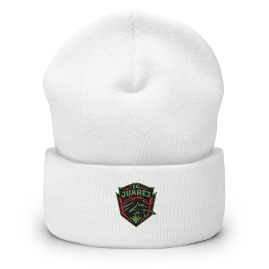 White beanie with 'Juarez' text logo on the cuff.