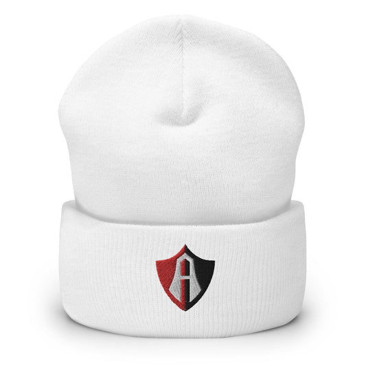A white Atlas beanie with a cuff featuring a red and white 'Atlas' logo.