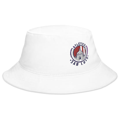 White cotton twill bucket hat with sewn eyelets and an embroidered Club Atletico de San Luis logo on the front.