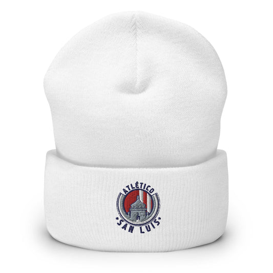 A white cuffed Atletico de San Luis beanie with a logo embroidered on the front side.
