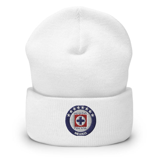 White cuffed beanie with an embroidered Cruz Azul crest on the front side, one size.