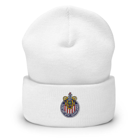 A white cuffed beanie with a Club Guadalajara Chivas logo on the fold.