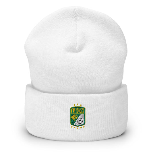 White beanie with the Club Leon logo embroidered on the front cuff.