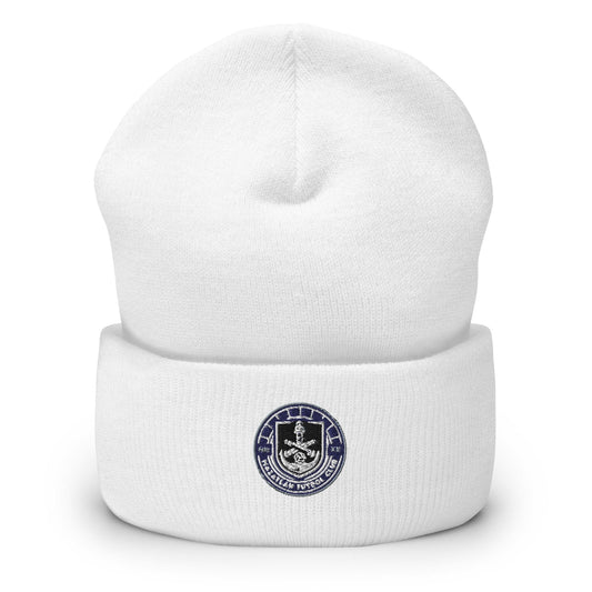 A white cuffed beanie with a Club Mazatlan logo on the fold.