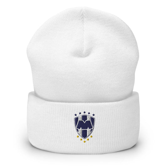 A white cuffed beanie with a Club Monterrey logo on the fold.