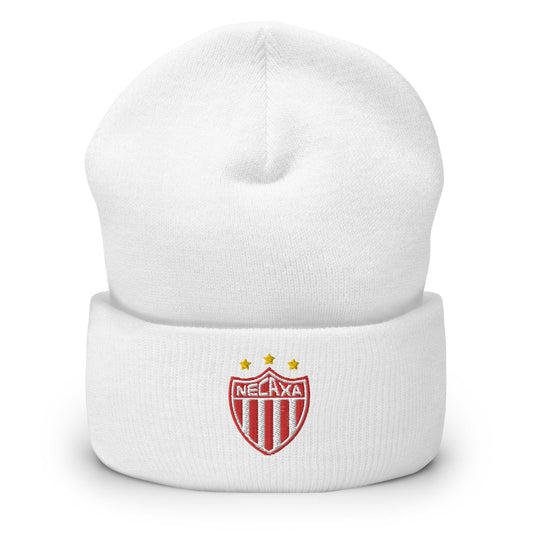 A white cuffed beanie with the Club Necaxa logo embroidered on the front.