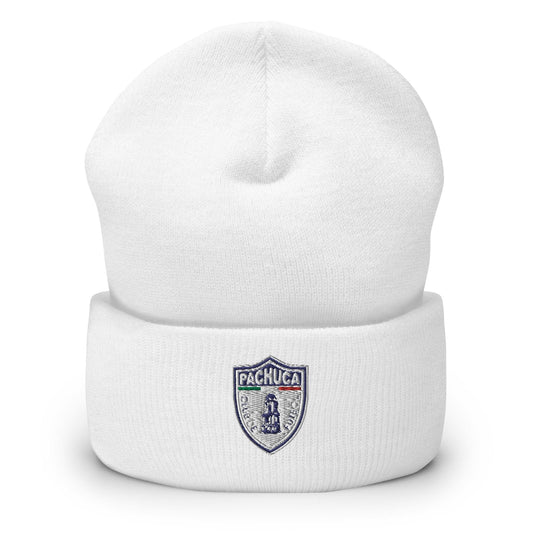 A white cuffed beanie with a Club Pachuca logo embroidered on the fold.