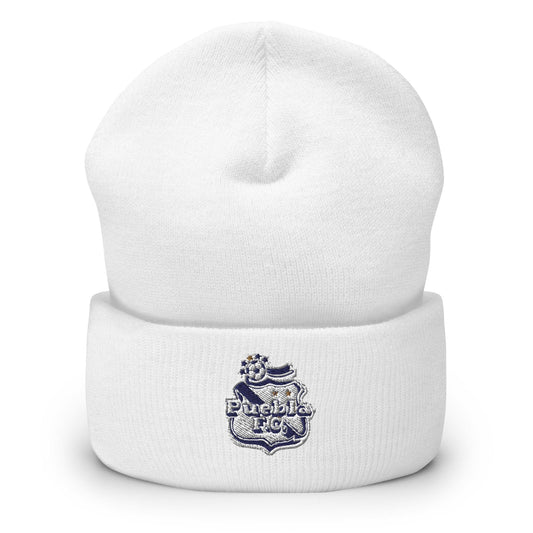 A white beanie with the 'Club Puebla' logo embroidered on the fold.