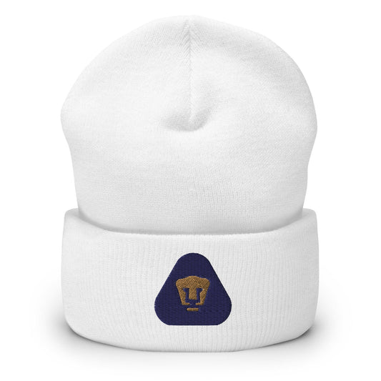 A white cuffed beanie with a Pumas  logo on the front fold.