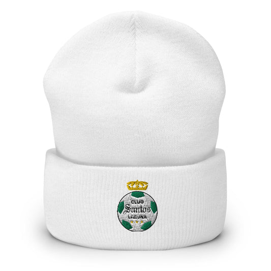 White cuffed beanie with a Club Santos logo on the front side, displayed in a vertical orientation.