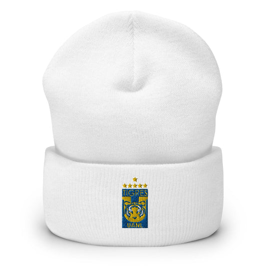 A white cuffed beanie with a lTlub Trigres ogo on the fold.