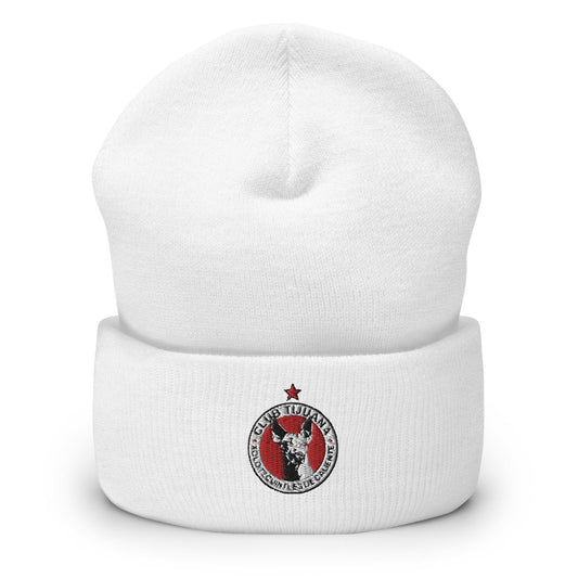 A white cuffed Clbeanie with a Club Tijuana logo on the front side.