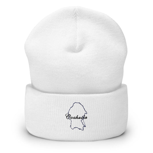 A white cuffed beanie with the text 'Coahuila' embroidered on the front.