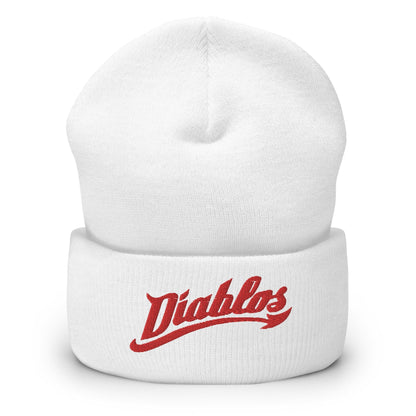 A white cuffed beanie with the red text 'Diablos' embroidered on the fold.