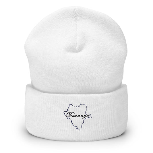 A white beanie with the text 'Durango' embroidered on the cuff.