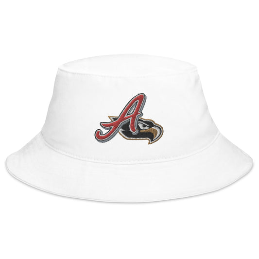 White cotton twill bucket hat with a Aguila de Veracruz logo on the front.