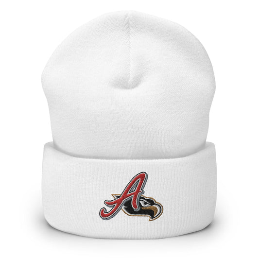 A white cuffed beanie with a red and white 'A' logo embroidered on the front.