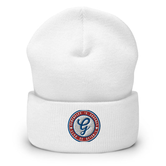 White beanie with a cuff featuring an embroidered Generales de Durango logo on the front side.