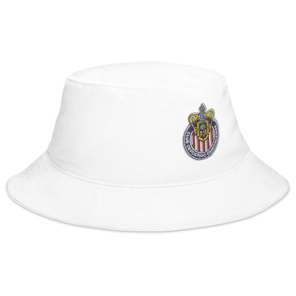 White cotton twill bucket hat with a Chivas Club Deportivo Guadalajara logo on the front.