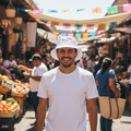 A smiling man wearing a white t-shirt and a white bucket hat stands in the center of a sunny, bustling outdoor market street decorated with colorful papel picado banners.