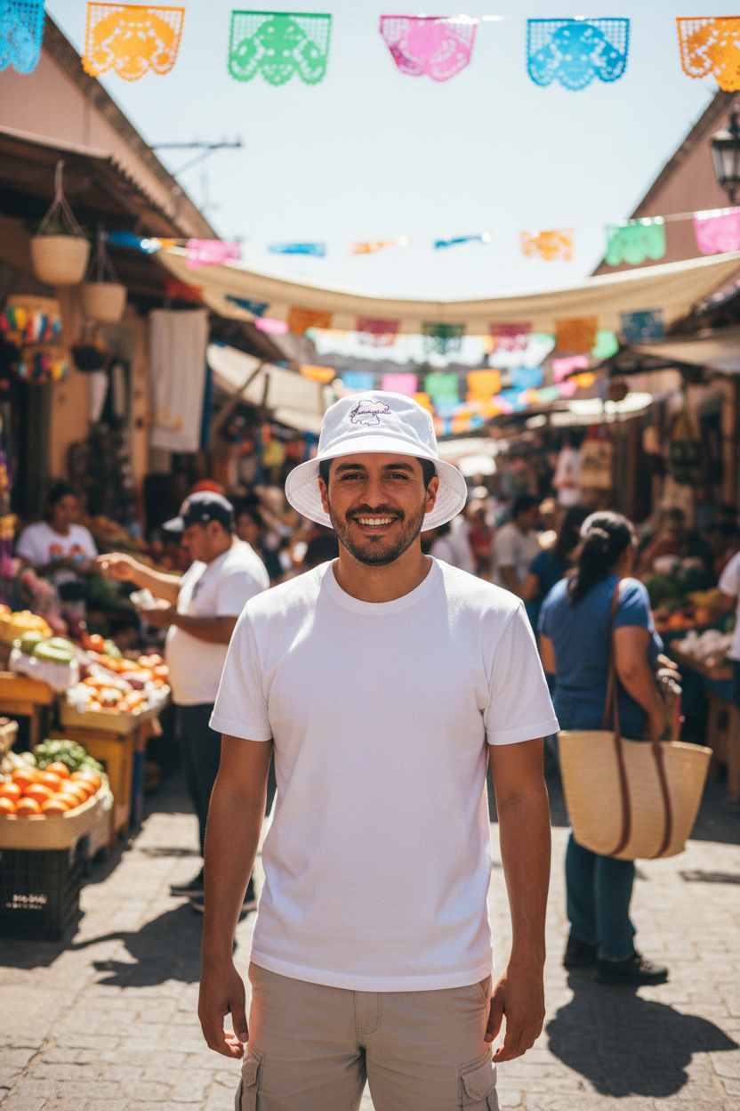 A smiling man wearing a white t-shirt and a white bucket hat stands in the center of a sunny, bustling outdoor market street decorated with colorful papel picado banners.