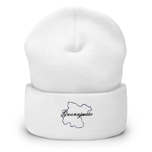 A white beanie with the text 'Guanajuato' written on the cuff in white.