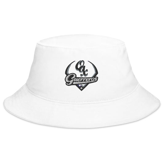 White cotton twill bucket hat with 'Guerreros de Oaxaca' logo on the front.