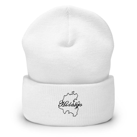 A white beanie with 'Hidalgo' text embroidered on the cuff.