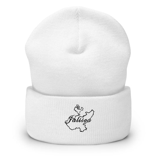 A white beanie with 'Jalisco' text embroidered on the cuff.