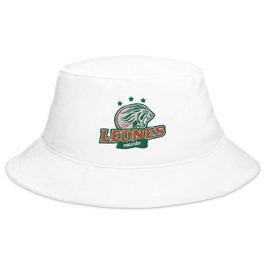 White bucket hat with the 'Leones de Yucatan' logo embroidered on the front.
