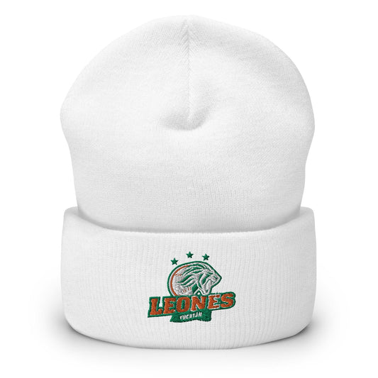 White beanie with 'Leones de Yucatan' logo embroidered on the fold.