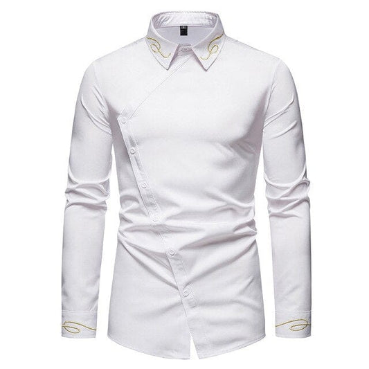 Men's embroidered Western cowboy shirt, white long-sleeve button-up with contrast collar trim