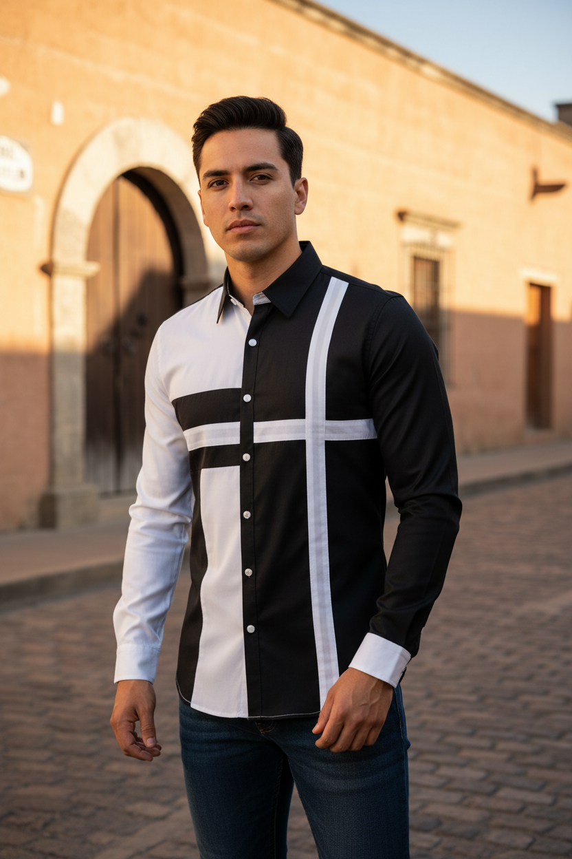 A man wearing a long-sleeve button-up shirt with a bold black and white geometric cross pattern, standing on a cobblestone street in front of a warm-toned building.