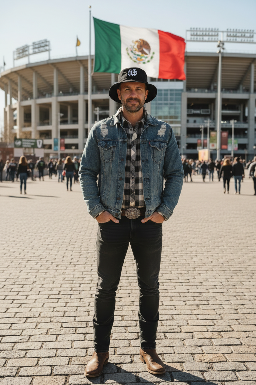A man wearing a Mariachis de Guadalajara black bucket hat, a distressed blue denim jacket over a plaid shirt, black jeans, and brown boots stands in front of a stadium with a Mexican flag hanging above him.