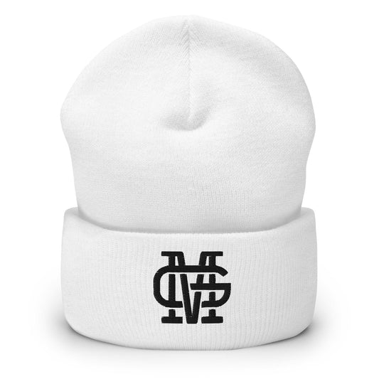 A white cuffed beanie with the 'Mariachis de Guadalajara' logo embroidered in white on the front.