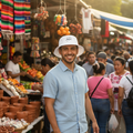 A man wearing a light blue short-sleeve button-up shirt, khaki shorts, and a Meixo white bucket hat with a small circular logo stands in a crowded outdoor market street with stalls, fruits, and colorful textiles in the background.