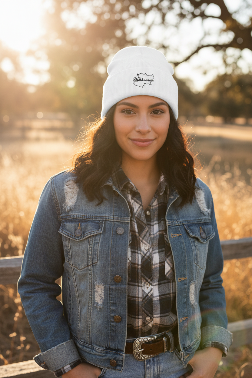A woman wearing a white beanie with a black embroidered logo, a distressed blue denim jacket, and a black-and-white plaid shirt, standing outdoors in a sunlit field.