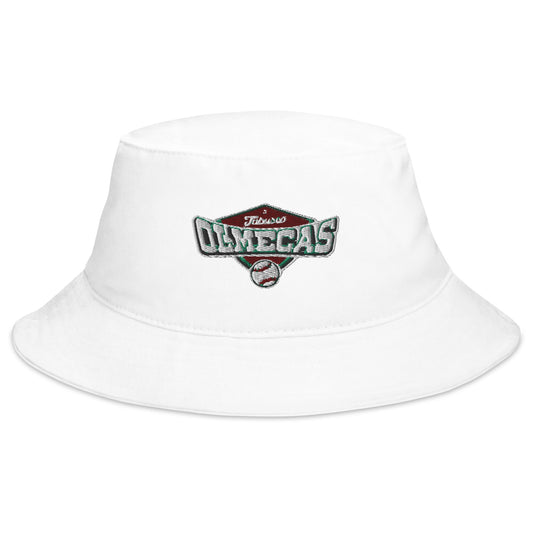 White cotton twill bucket hat with the 'Olmecas de Tabasco' logo on the front.