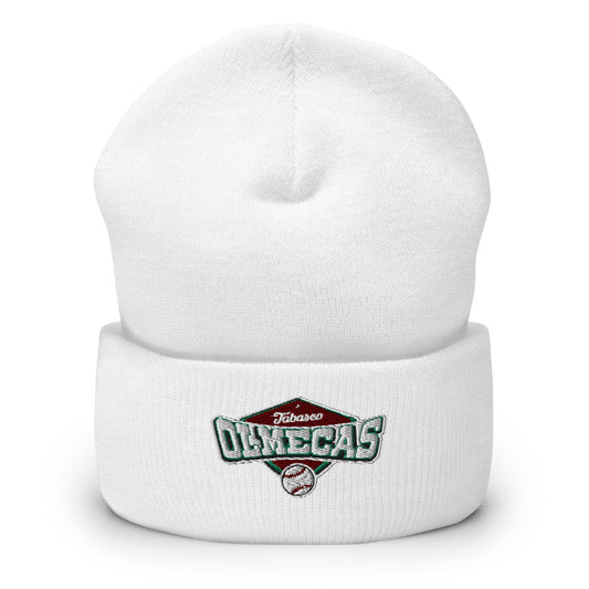 White cuffed beanie with 'Olmecas de Tabasco' logo embroidered on the front.