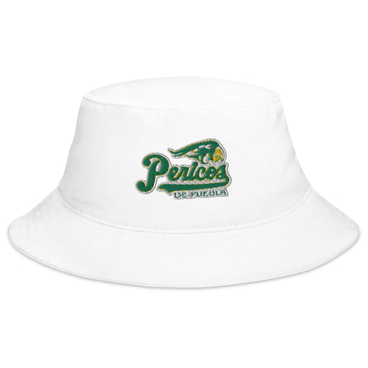 White cotton twill bucket hat with the 'Pericos de Puebla' logo embroidered on the front.