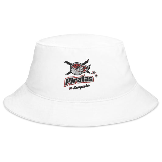 White cotton twill bucket hat with 'Piratas' logo embroidered on the front.