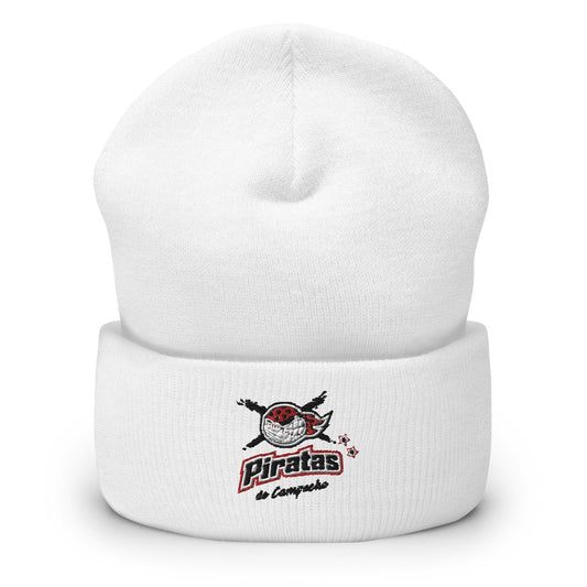 A white cuffed beanie with the 'piratas' logo embroidered on the fold.