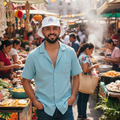 A man wearing a light blue short-sleeve button-up shirt, dark denim shorts, and a white Puebla bucket hat stands in the center of a bustling outdoor market street with colorful stalls and people in the background.