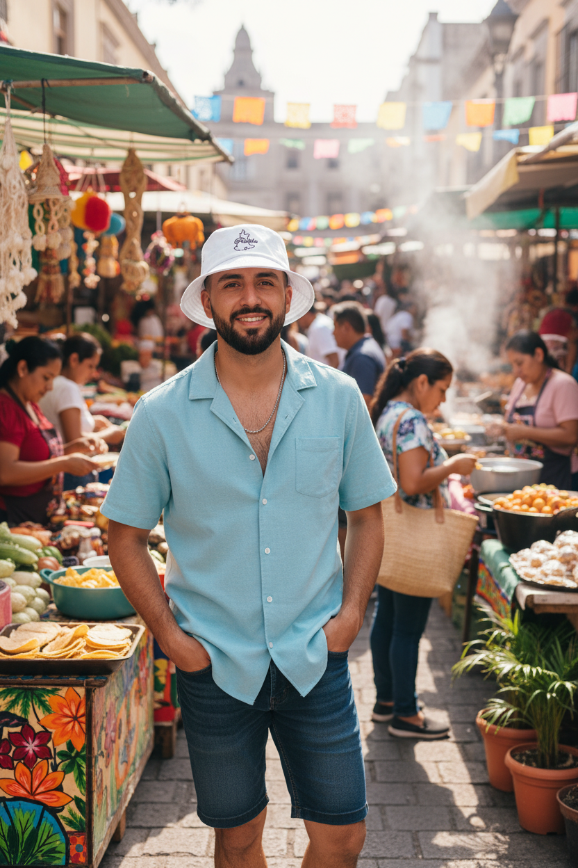 A man wearing a light blue short-sleeve button-up shirt, dark denim shorts, and a white Puebla bucket hat stands in the center of a bustling outdoor market street with colorful stalls and people in the background.