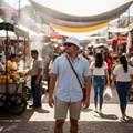 A man wearing a light blue short-sleeve button-up shirt, beige shorts, a white Quintana Roo bucket hat, and white sneakers stands in a bustling outdoor market street under large fabric awnings.
