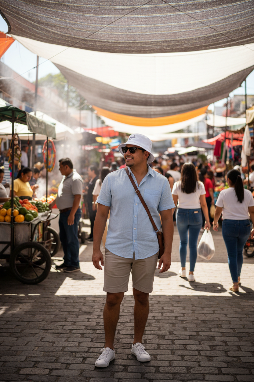 A man wearing a light blue short-sleeve button-up shirt, beige shorts, a white Quintana Roo bucket hat, and white sneakers stands in a bustling outdoor market street under large fabric awnings.