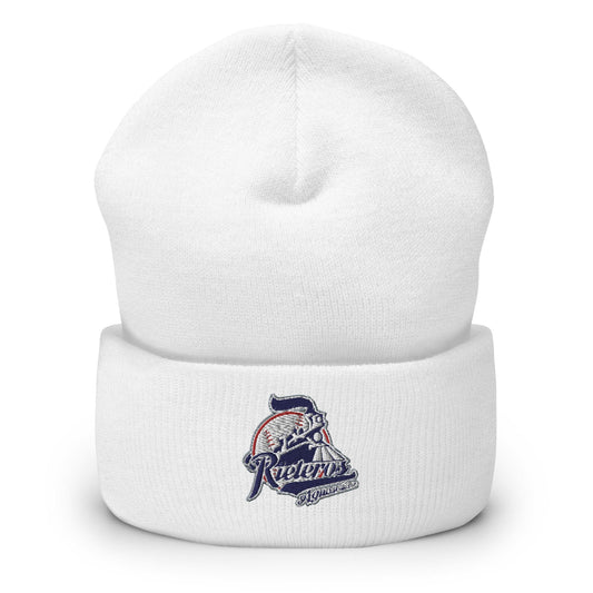 white beanie with 'Rieleros de Aguascalientes' logo embroidered on the fold.