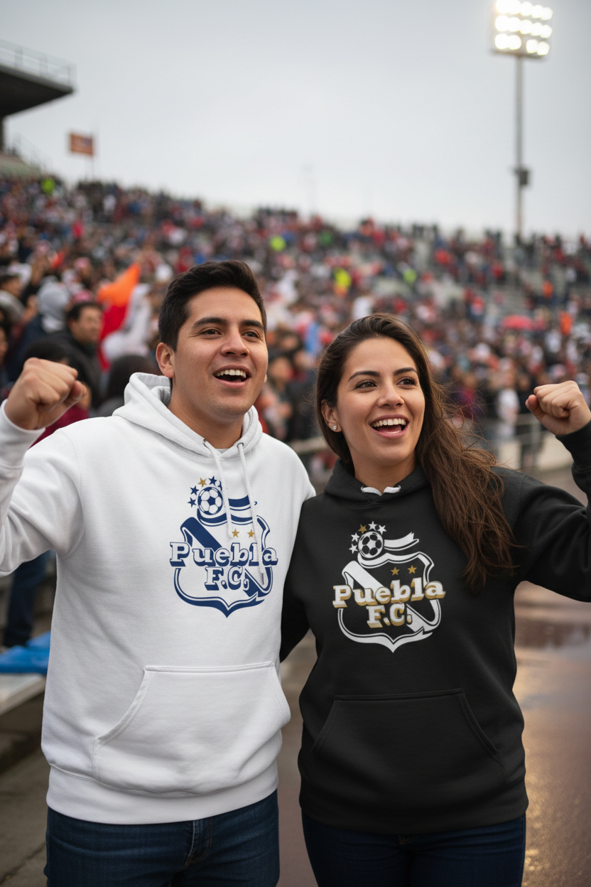 Two smiling fans wearing Puebla F.C.