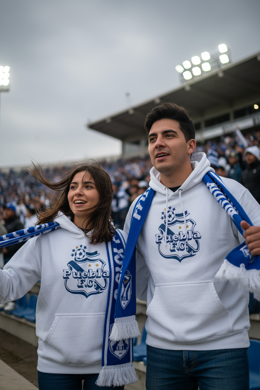A man and a woman wearing matching white and blue Club Puebla  hoodie sweatshirts and scarves, standing in a stadium crowd.