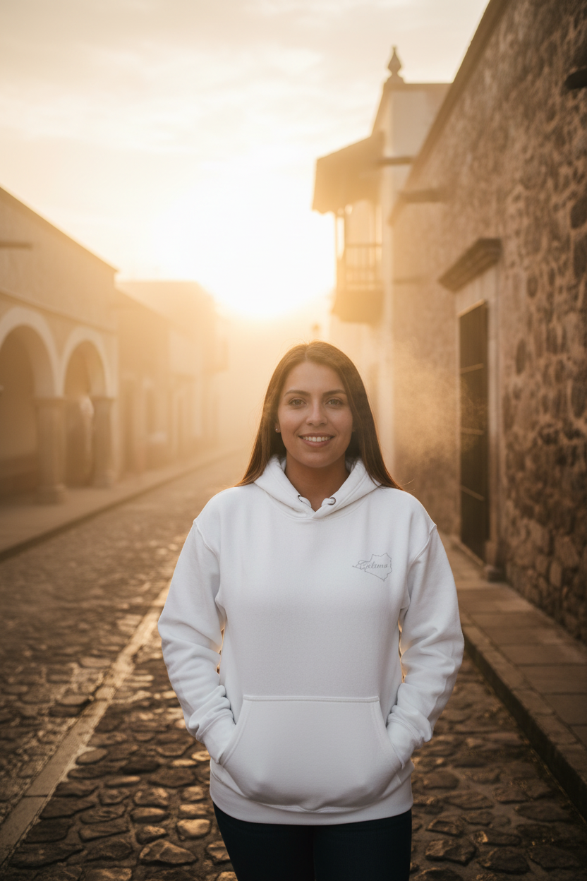 A white unisex hoodie with a front pouch pocket and a hood, featuring a small graphic on the front.